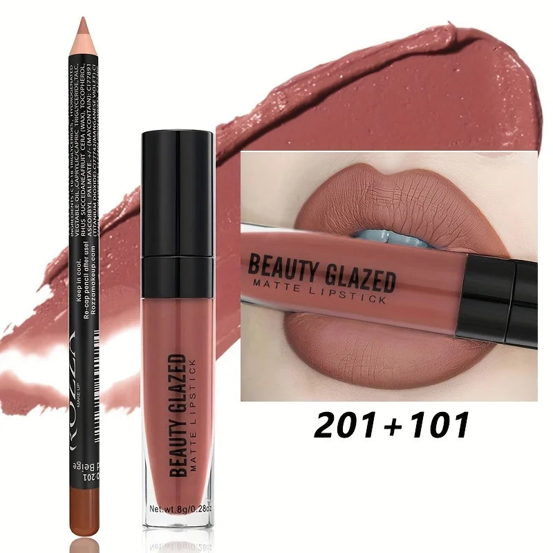 2pcs/Set Lip Gloss & Lip Liner Set Matte Longlasting Waterproof Lip Kit Natural Nude Liquid Lipstick with Lip Liner Combo