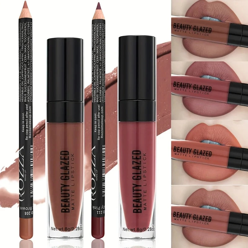 2pcs/Set Lip Gloss & Lip Liner Set Matte Longlasting Waterproof Lip Kit Natural Nude Liquid Lipstick with Lip Liner Combo