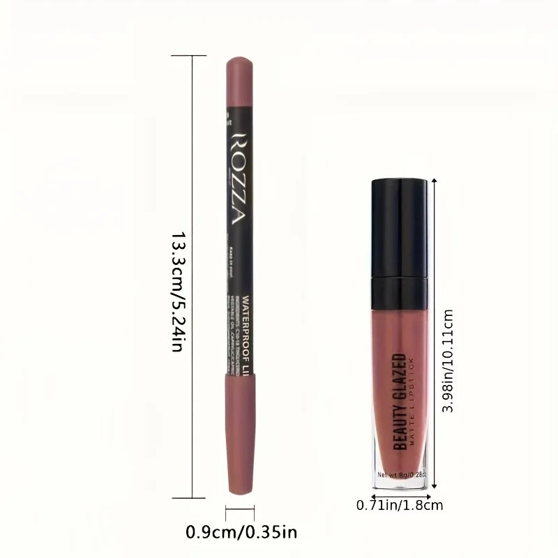 2pcs/Set Lip Gloss & Lip Liner Set Matte Longlasting Waterproof Lip Kit Natural Nude Liquid Lipstick with Lip Liner Combo