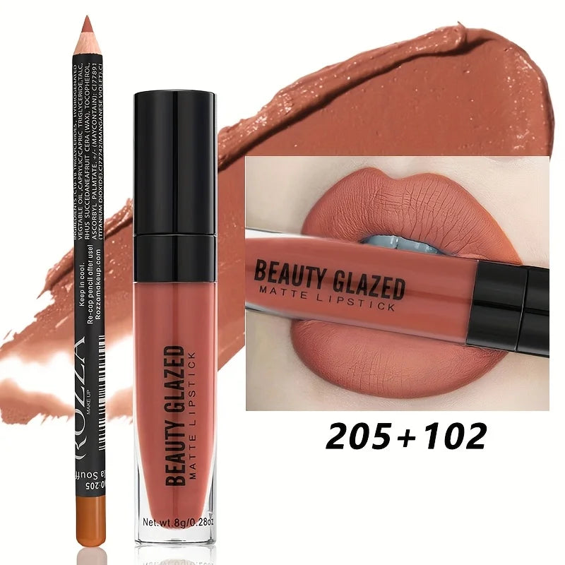 2pcs/Set Lip Gloss & Lip Liner Set Matte Longlasting Waterproof Lip Kit Natural Nude Liquid Lipstick with Lip Liner Combo