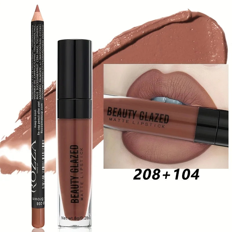 2pcs/Set Lip Gloss & Lip Liner Set Matte Longlasting Waterproof Lip Kit Natural Nude Liquid Lipstick with Lip Liner Combo