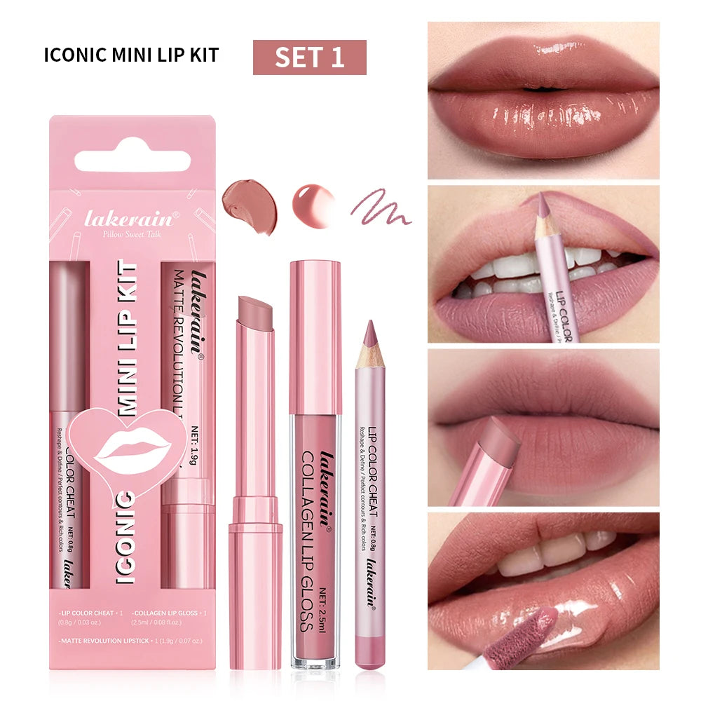 Lipliner&Lipstick Lip Gloss Set 3pcs/set Waterproof Long Lasting Lip Makeup Matte Travel Mini Set Women's Makeup Cosmetics