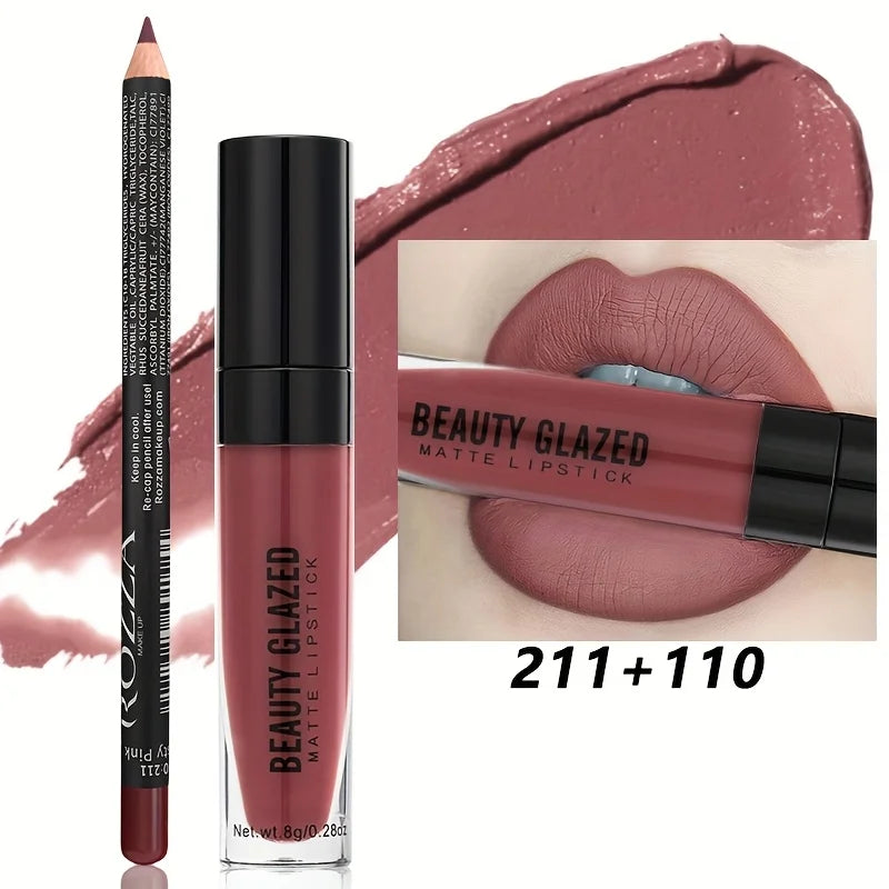 2pcs/Set Lip Gloss & Lip Liner Set Matte Longlasting Waterproof Lip Kit Natural Nude Liquid Lipstick with Lip Liner Combo